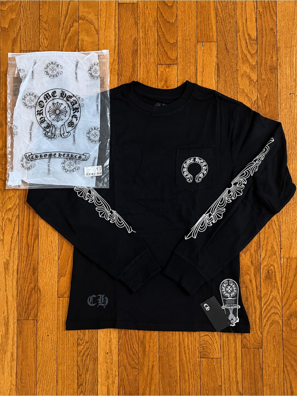 Chrome Hearts Black Long Sleeve Pocket Tee with White Sleeve Graphics